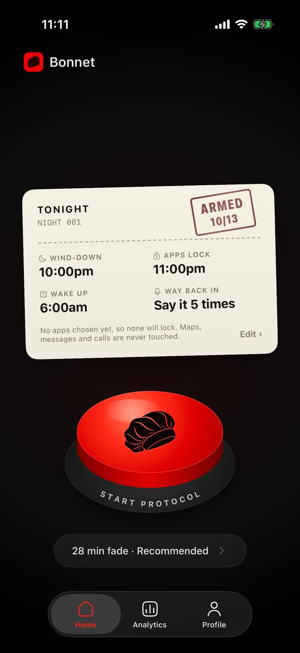 Bonnet home screen: the tonight card and a large red Start Protocol button