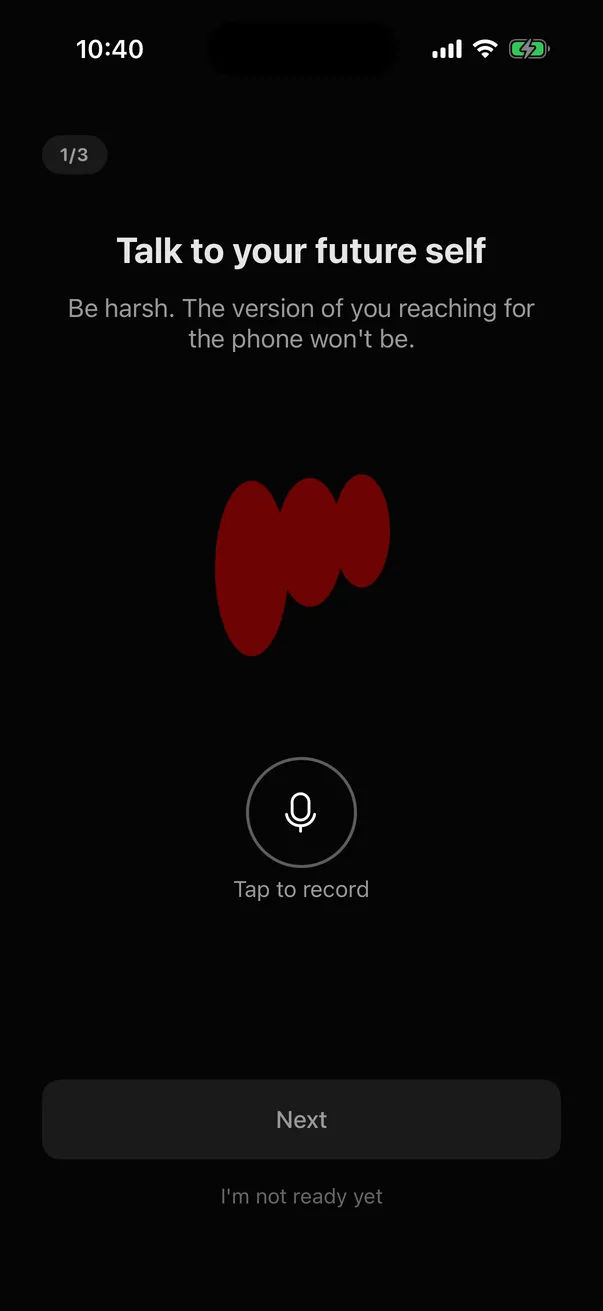 Ritual step 1 of 3, titled "Talk to your future self", with a red waveform and a microphone button reading "Tap to record"