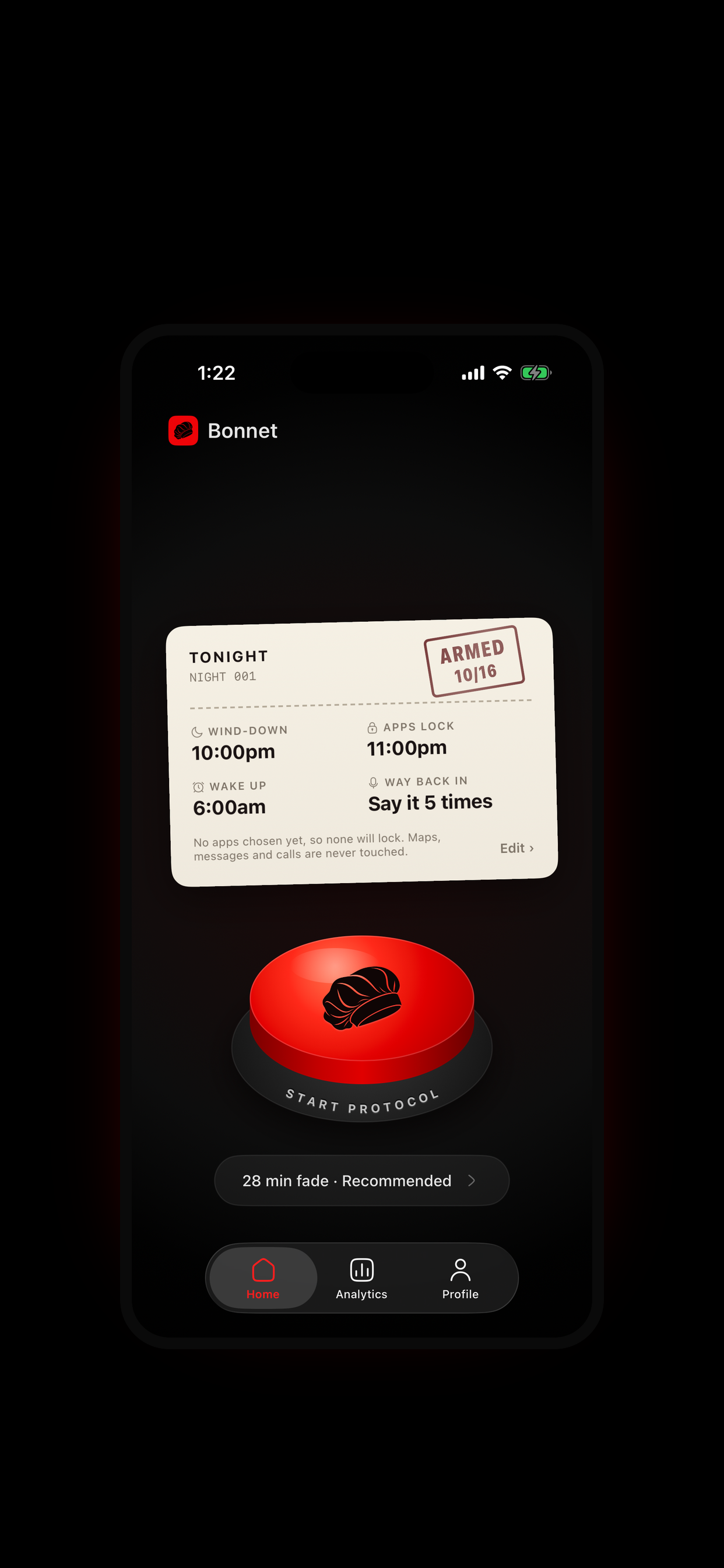 Bonnet home screen: a cream card headed TONIGHT and marked ARMED, a large red dome button reading START PROTOCOL, a pill reading 28 min fade, and a Home, Analytics and Profile tab bar