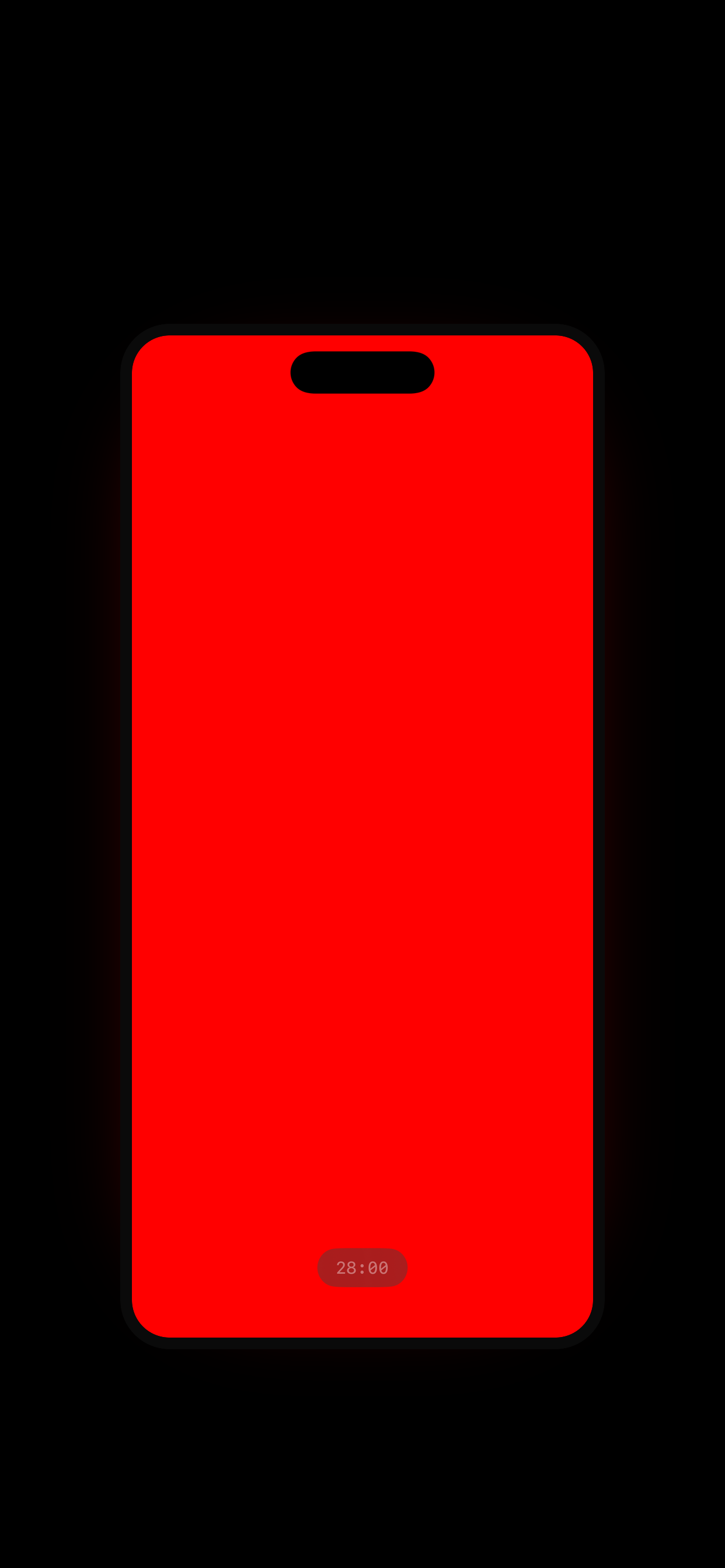 The Bonnet session screen, fully red, with a 28:00 countdown near the bottom