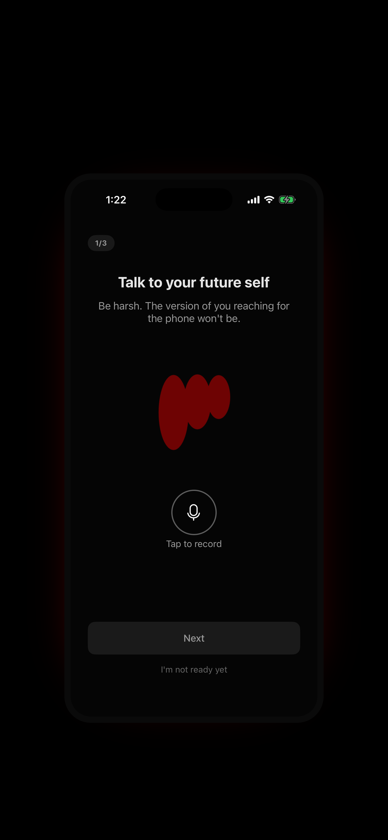 Ritual step 1 of 3, titled "Talk to your future self", with a red waveform and a microphone button reading "Tap to record"