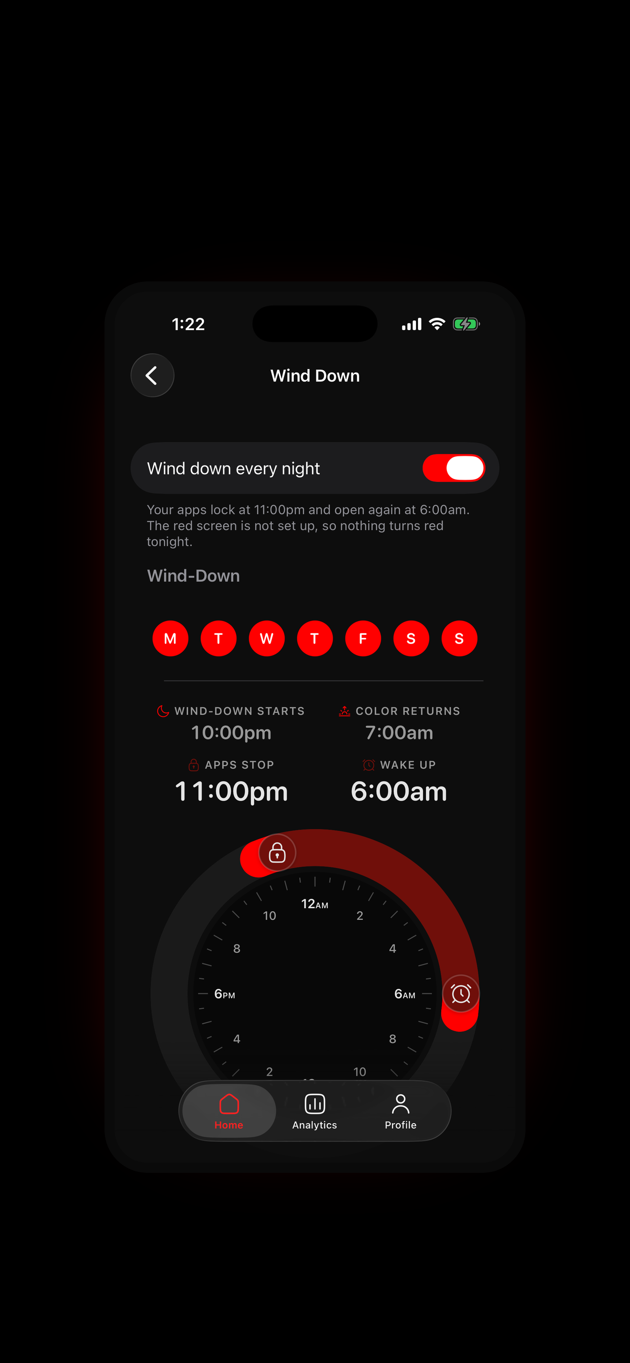 Wind Down settings: a 24-hour dial and day-of-week chips, with wind-down at 10:00pm, apps stop at 11:00pm and wake at 6:00am